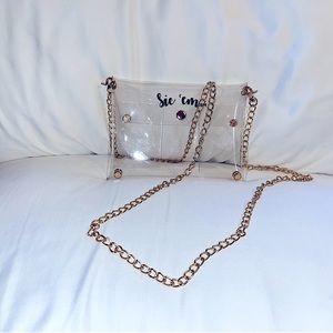 NWOT Darden Baylor “Sic ‘em” clear bag on gold chain